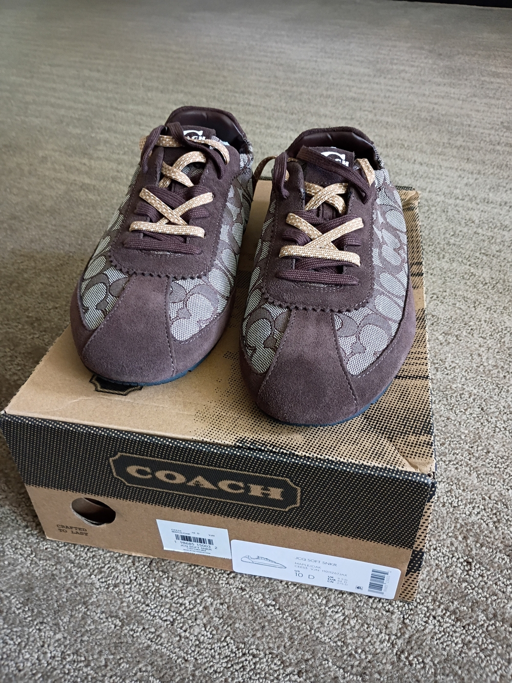 Coach Brown Signature Canvas & Suede Slip-On Sneakers with Metallic Laces
